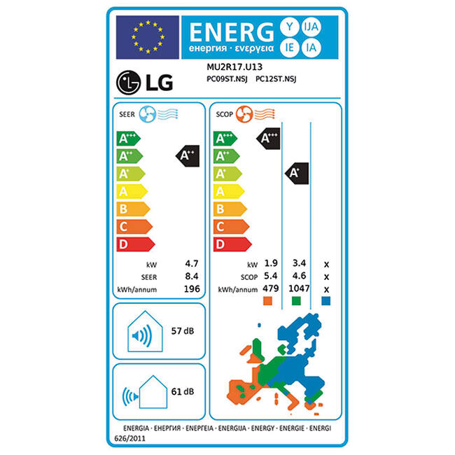 LG Multi split airco MU2R17-0912 R32 1x2,5 kW + 1x3,5 kW set - Energielabel