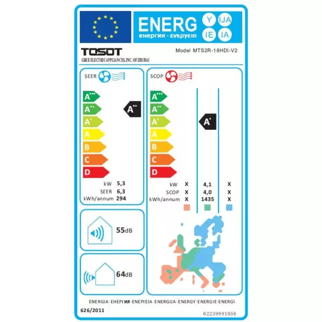 Tosot COSMO Multi split airco Inverter 0912 R32 1x2,5 kW en 1x3,5 kW set - Energielabel