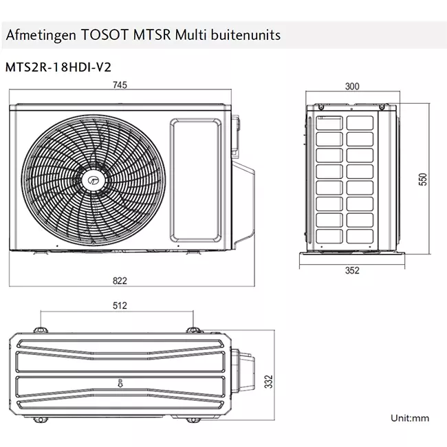 Tosot PULAR Multi split airco Inverter 0909P R32 2x2,5 kW set - Afmetingen